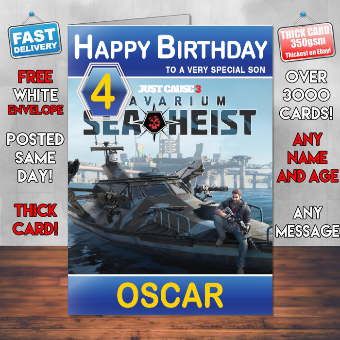Personalised Just Cause 3 Bavarium Sea Heist Inspired Style Game Kids Inspired Birthday Card (SA)