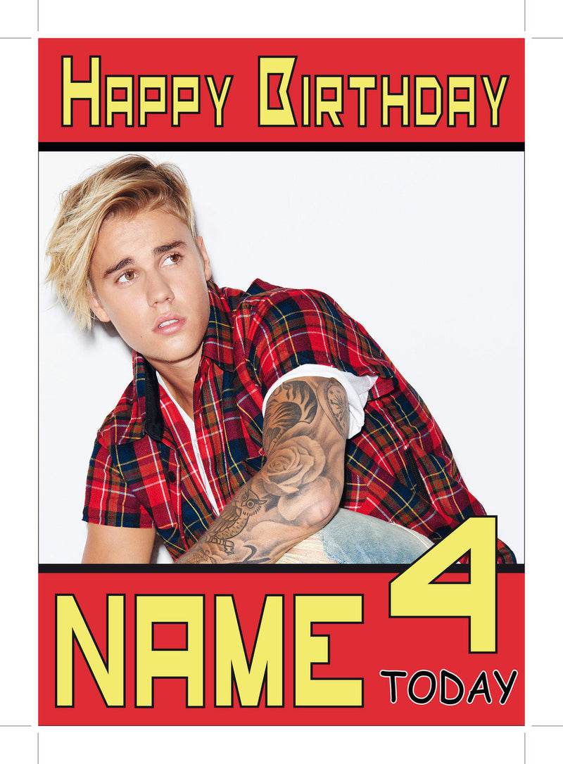 Justin Bieber Red Shirt Personalised Music Style Kids Adult FUNNY Birthday Card