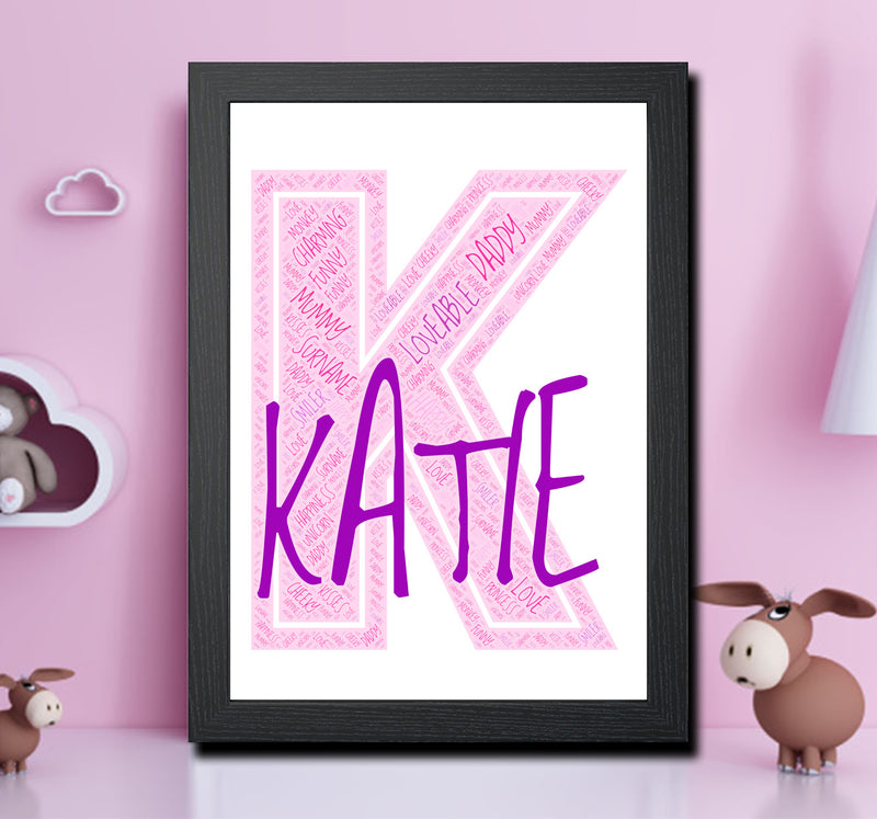 Personalised Name Word Art Poster Print Pink Letter K