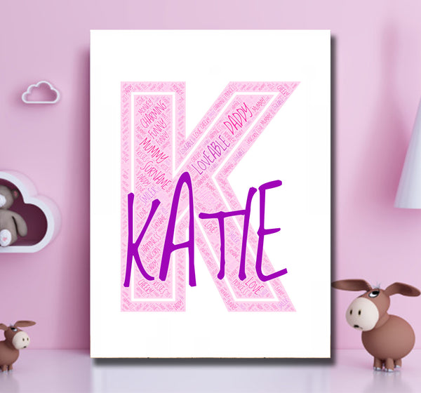 Personalised name word art print, pink letter K, print only