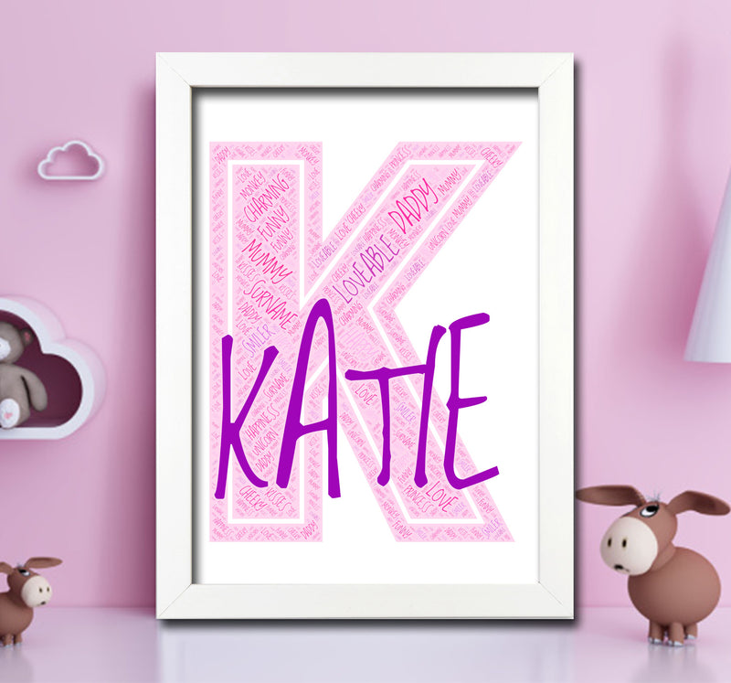 Personalised Name Word Art Poster Print Pink Letter K