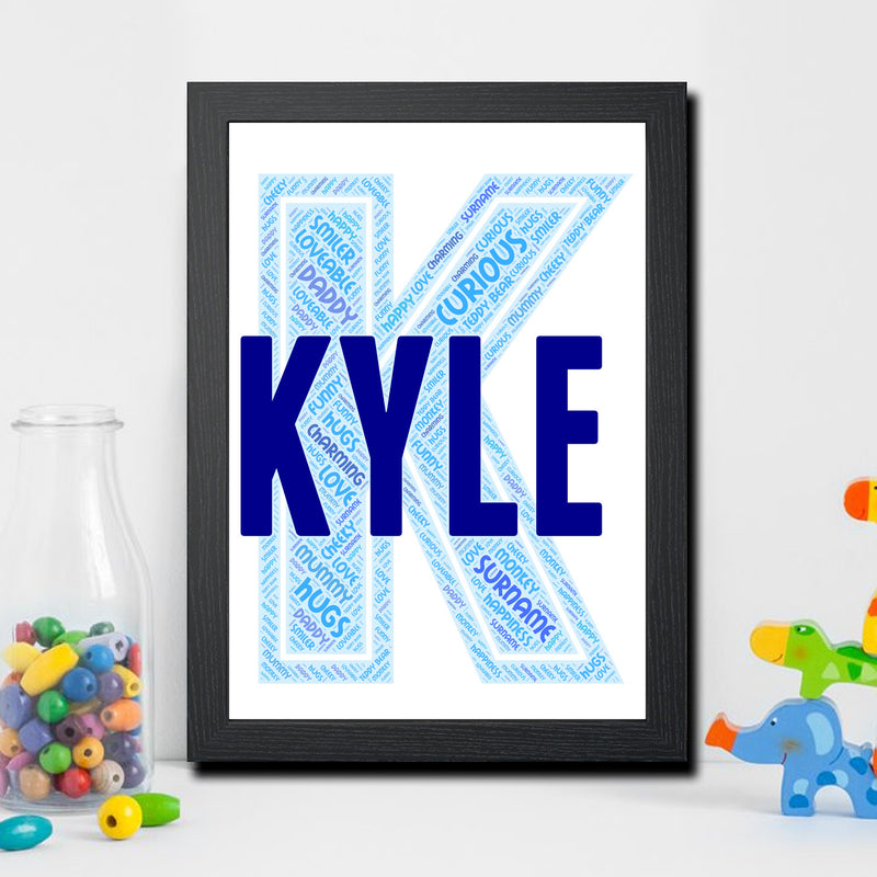 Personalised Name Word Art Poster Print Blue Letter K