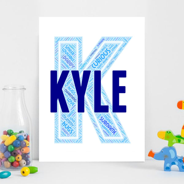 Personalised name word art print, blue letter K, print only