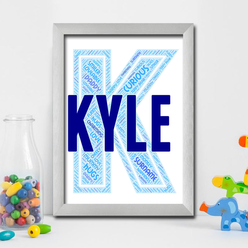 Personalised Name Word Art Poster Print Blue Letter K