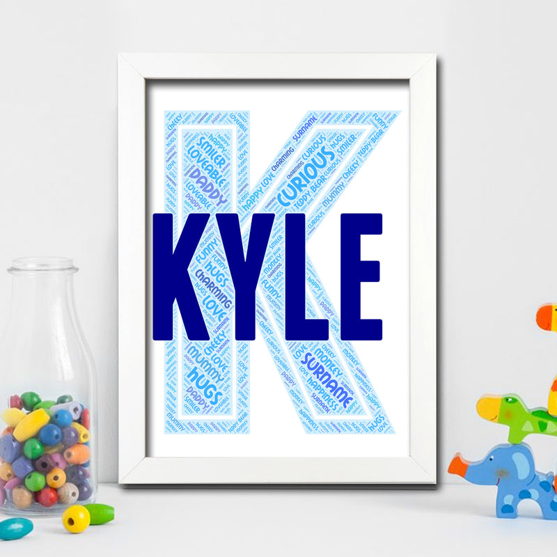 Personalised Name Word Art Poster Print Blue Letter K