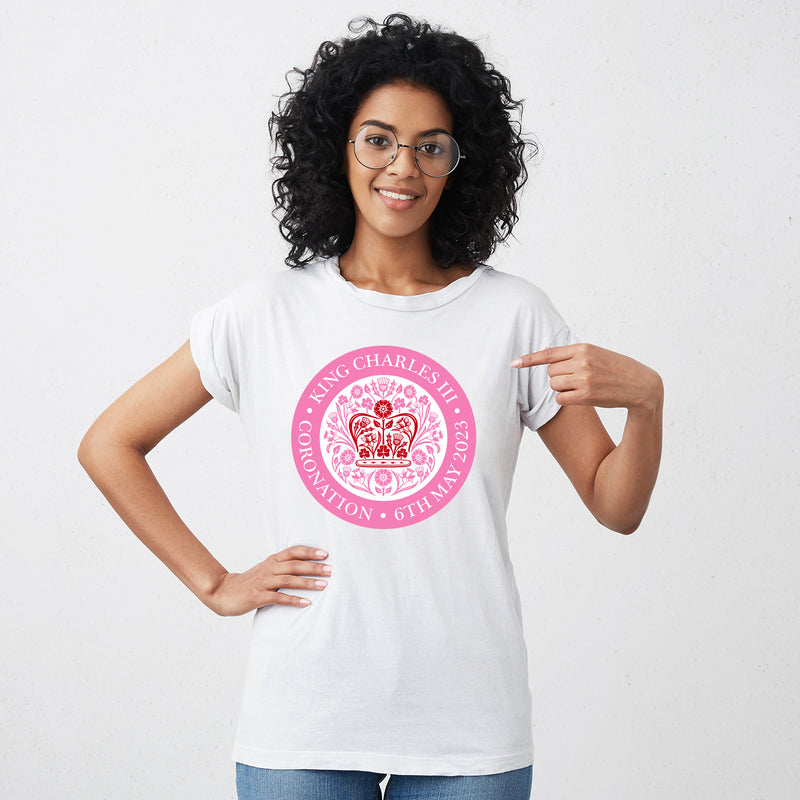 KING CHARLES CORONATION ENGLISH PINK LOGO ADULT TEE T-SHIRT