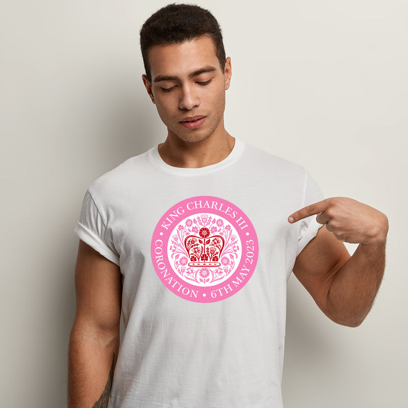 KING CHARLES CORONATION ENGLISH PINK LOGO ADULT TEE T-SHIRT