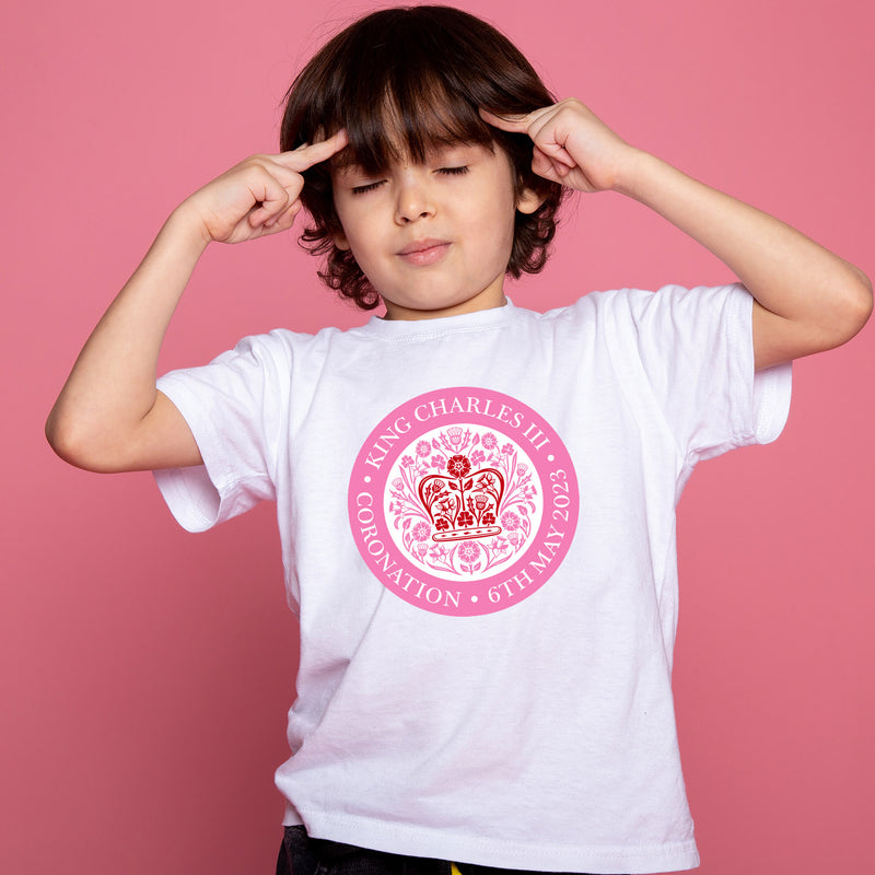 King Charles III Coronation Pink Official Logo Adult Tee T Shirt Unisex Kids - T Shirt For Coronation