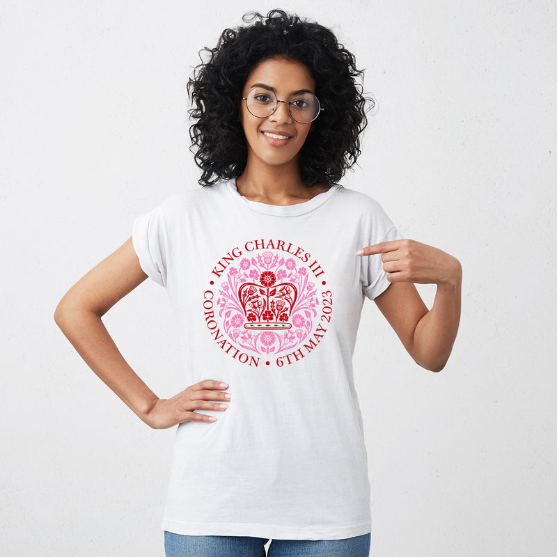 KING CHARLES CORONATION PLAIN TEXT LOGO PINK ADULT TEE T-SHIRT