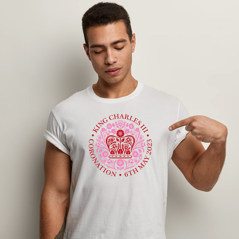 KING CHARLES CORONATION PLAIN TEXT LOGO PINK ADULT TEE T-SHIRT