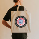 King Charles III Coronation Official Logo Tan Tote Bag - coronation bag-blue, red, pink, black, rainbow logo-coronation handbag, grab bag