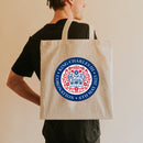King Charles III Coronation Official Logo Tan Tote Bag - coronation bag-blue, red, pink, black, rainbow logo-coronation handbag, grab bag