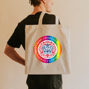 King Charles III Coronation Official Logo Tan Tote Bag - coronation bag-blue, red, pink, black, rainbow logo-coronation handbag, grab bag