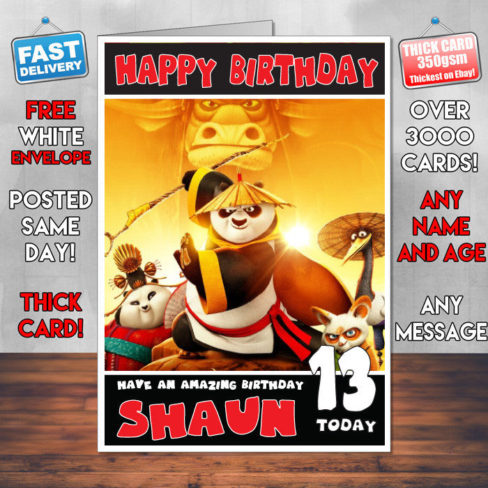 KUNG FU PANDA 5 BM THEME INSPIRED Style PERSONALISED Kids Adult FUNNY Birthday Card