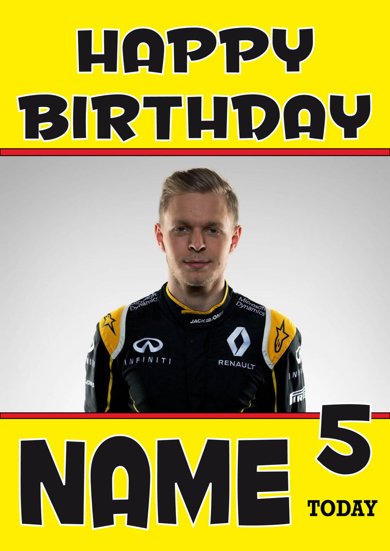 Personalised Kevin Magnussen F1 THEME INSPIRED PERSONALISED Kids Adult Birthday Card