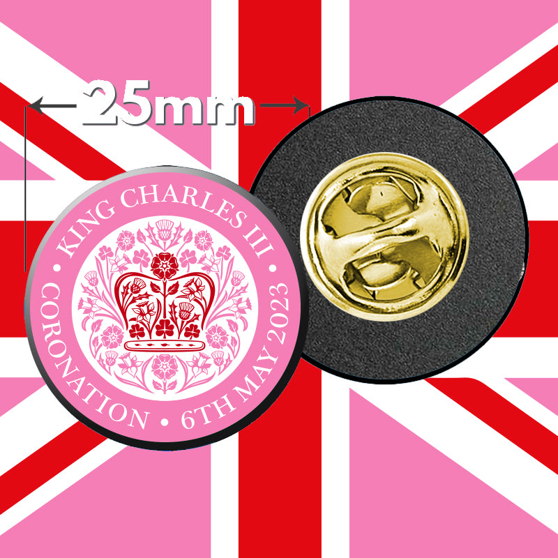 King Charles III Pink coronation official logo clutch pin badge - coronation gift - king charles pin badge - metal clasp badge - school badge