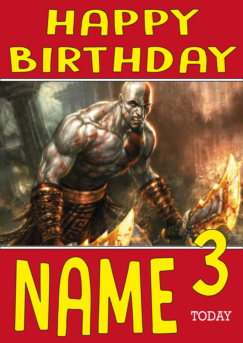 Retro Gaming Kratos THEME INSPIRED Kids Adult Personalised Birthday Card