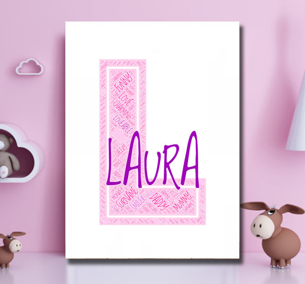 Personalised name word art print, pink letter L, print only