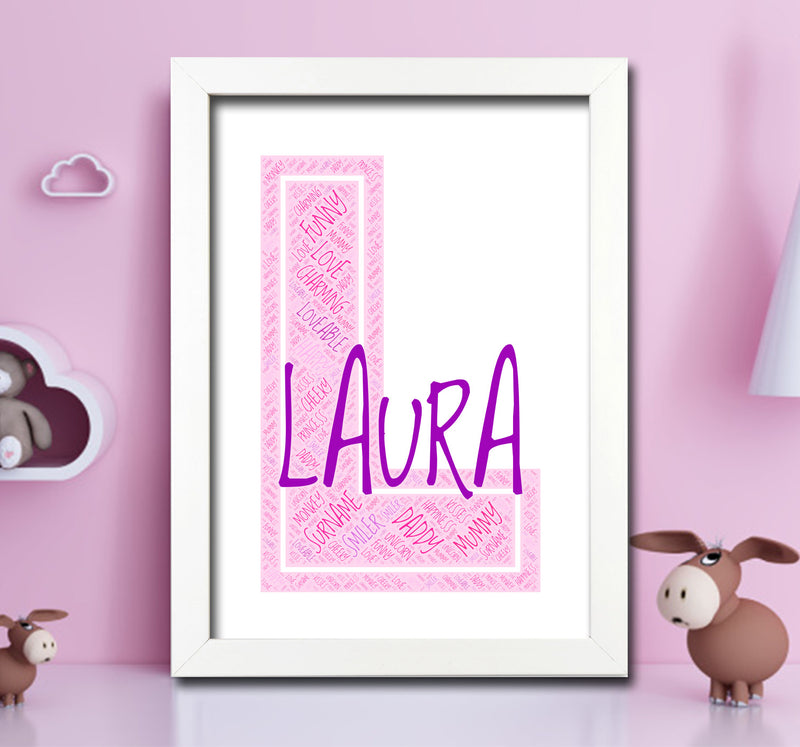 Personalised Name Word Art Poster Print Pink Letter L