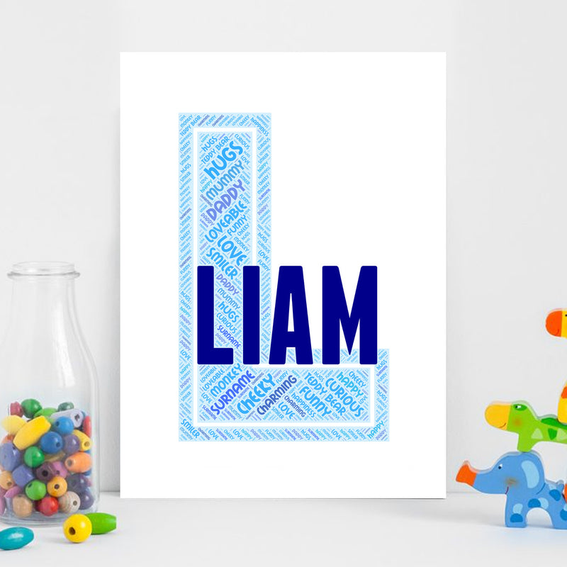 Personalised Name Word Art Poster Print Blue Letter L