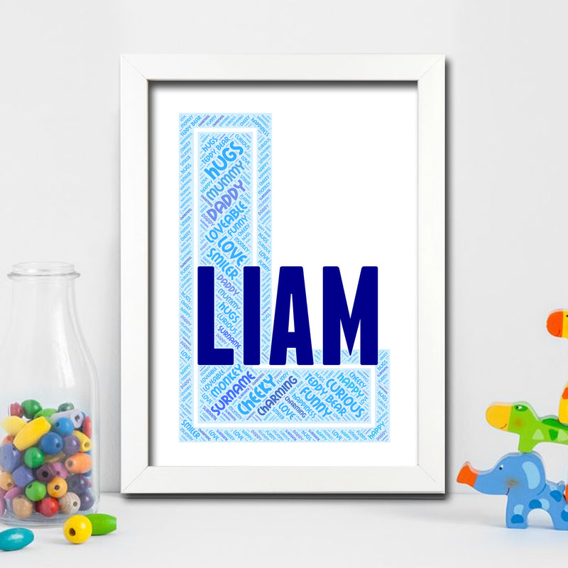 Personalised Name Word Art Poster Print Blue Letter L