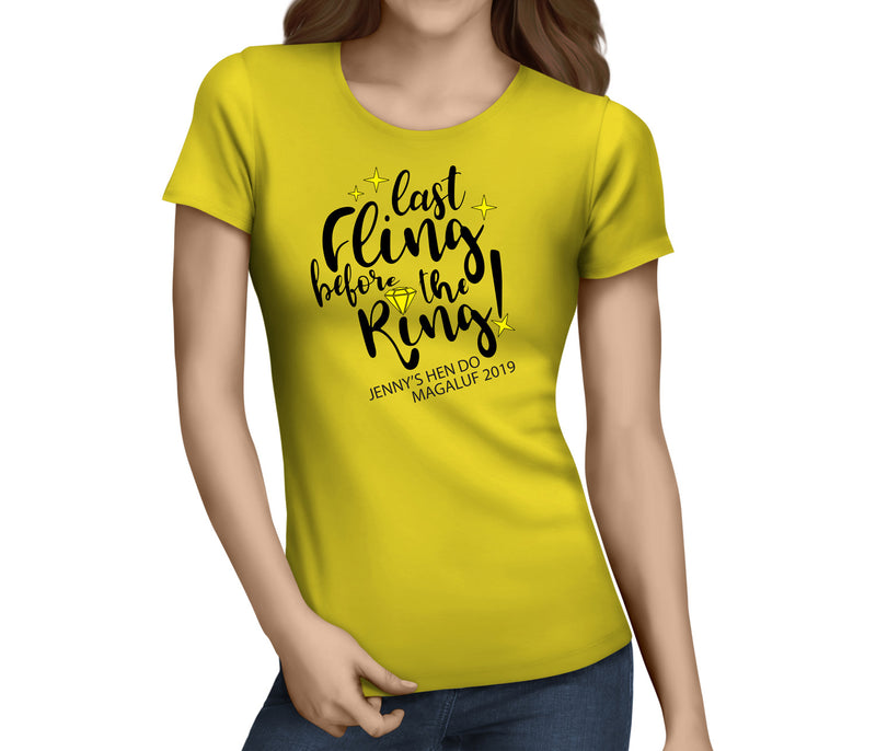 Last Fling Before The Ring Colour Custom Hen T-Shirt - Any Name - Party Tee