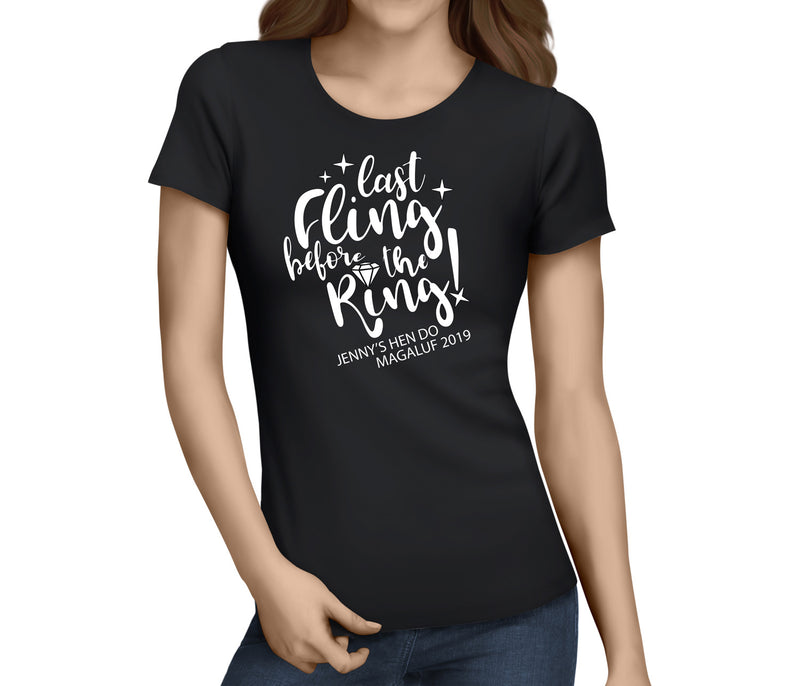 Last Fling Before The Ring White Custom Hen T-Shirt - Any Name - Party Tee