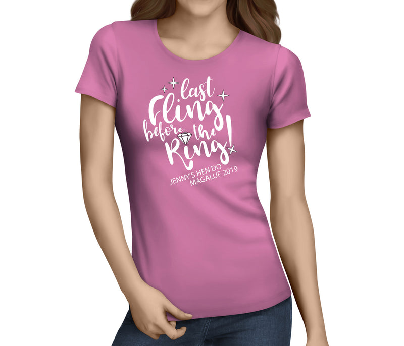 Last Fling Before The Ring White Custom Hen T-Shirt - Any Name - Party Tee