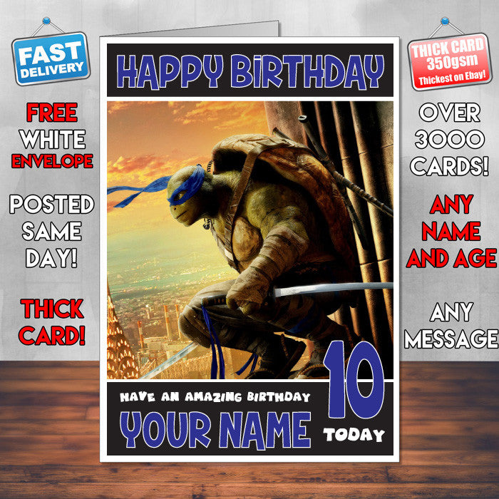 LEONARDO TMNT BM1 THEME INSPIRED Style PERSONALISED Kids Adult FUNNY Birthday Card