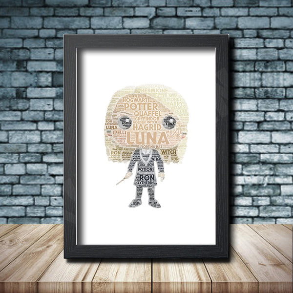 Personalised pop figure word art print inspired by Luna Lovegood in a black frame