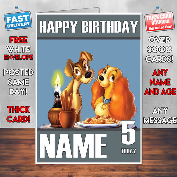 Lady And The Tramp 1 KE THEME INSPIRED Kids Adult Personalised Birthday Card