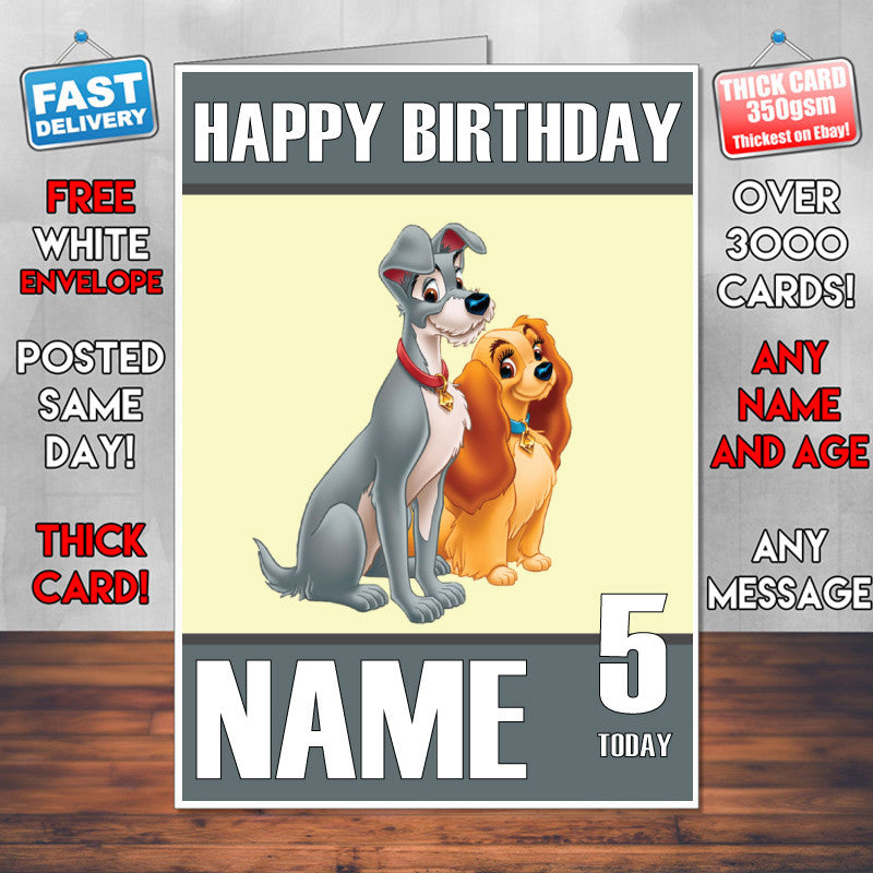 Lady And The Tramp KE THEME INSPIRED Kids Adult Personalised Birthday Card