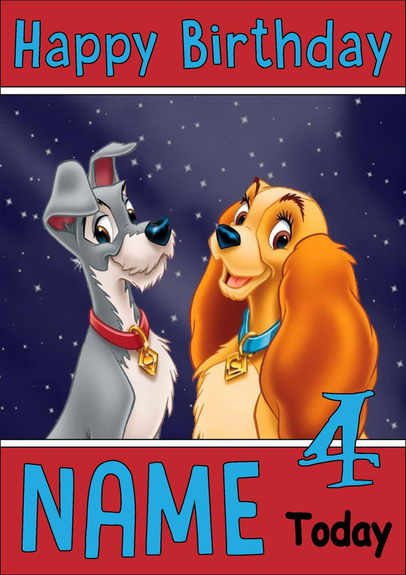 THEME INSPIRED Kids Adult Personalised Birthday Card Lady And The Tramp Birthday Card