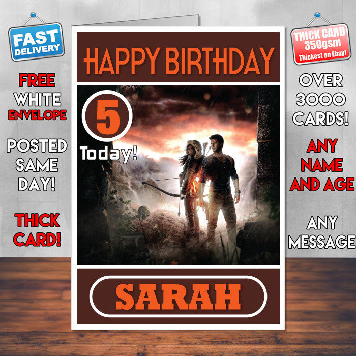 Personalised Lara Croft And Nathan Drake 1 Inspired Style Game Kids Inspired Birthday Card (SA)