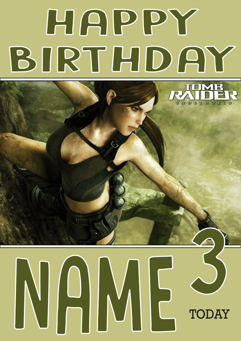 Retro Gaming Lara Croft THEME INSPIRED Kids Adult Personalised Birthday Card