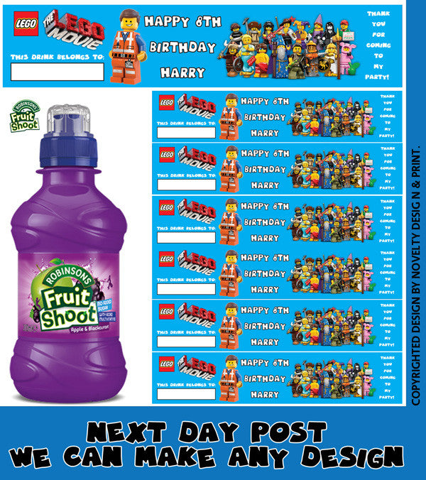 Lego Movie Inspired Theme Personalised Party Fruit Shoot Label Sticker