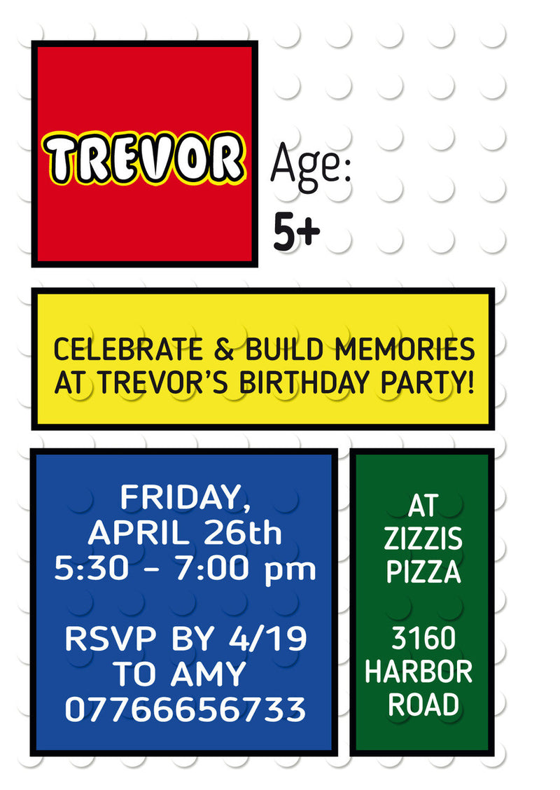 10 X Personalised Printed Boys Lego 4 INSPIRED STYLE Invites