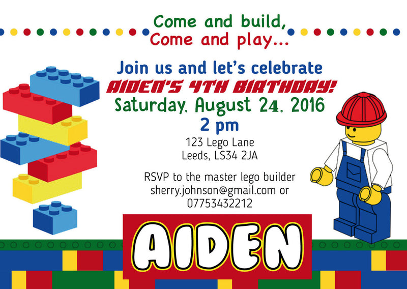 10 X Personalised Printed Boys Lego 5 INSPIRED STYLE Invites