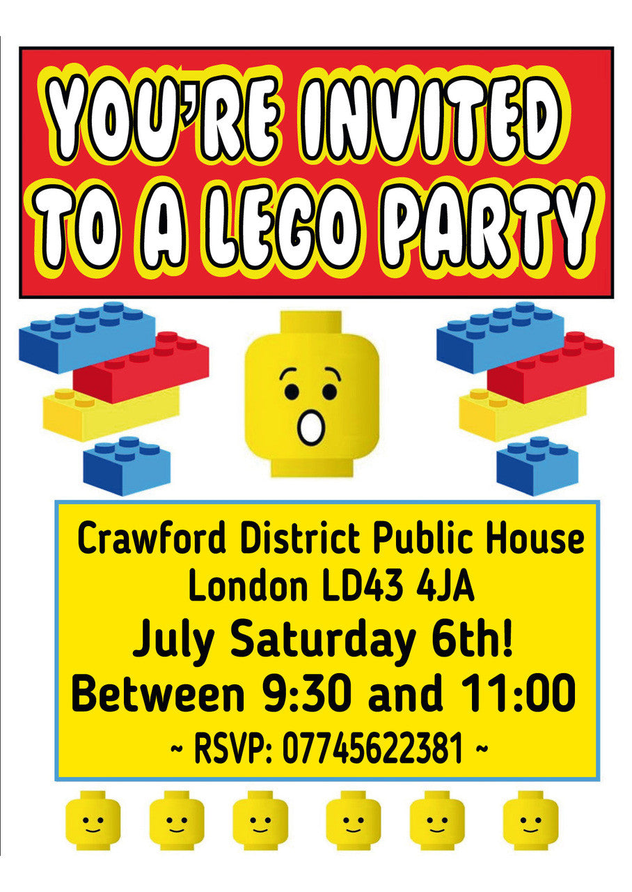 10 X Personalised Printed Boys Lego INSPIRED STYLE Invites – 10 X Personalised Printed Boys Lego Invites