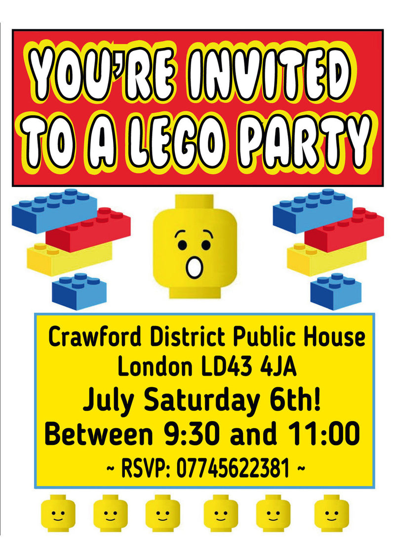 10 X Personalised Printed Boys Lego INSPIRED STYLE Invites