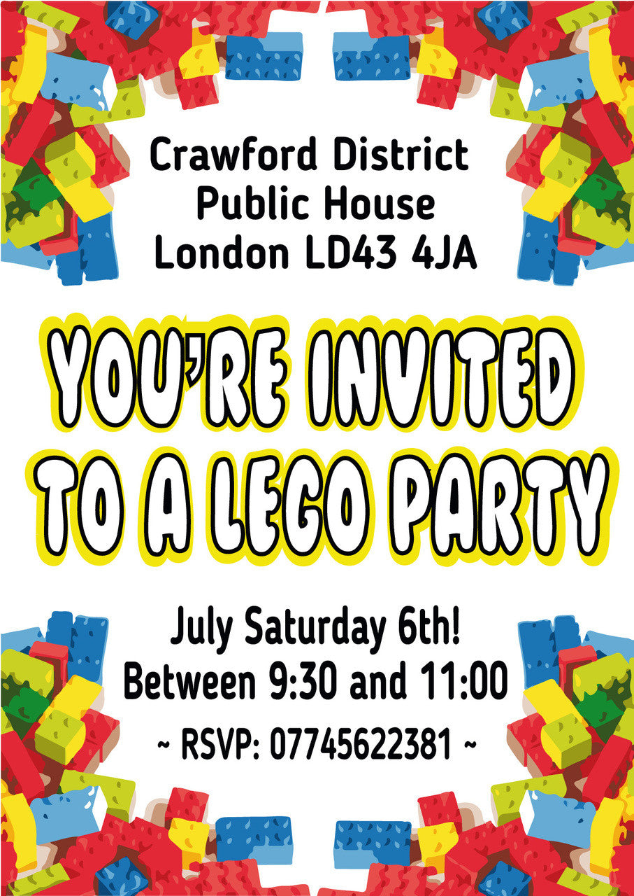 10 X Personalised Printed Boys Lego 2 INSPIRED STYLE Invites – 10 X Personalised Printed Boys Lego 2 Invites