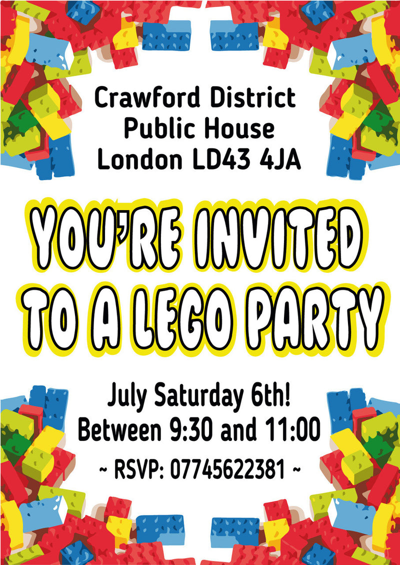10 X Personalised Printed Boys Lego 2 INSPIRED STYLE Invites