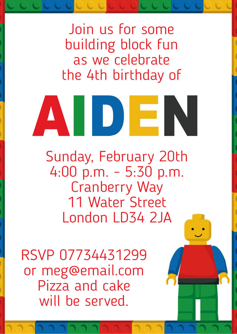 10 X Personalised Printed Boys Lego 3 INSPIRED STYLE Invites