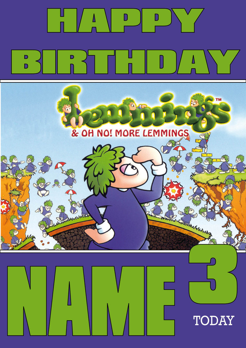 Retro Gaming Lemmings THEME INSPIRED Kids Adult Personalised Birthday Card