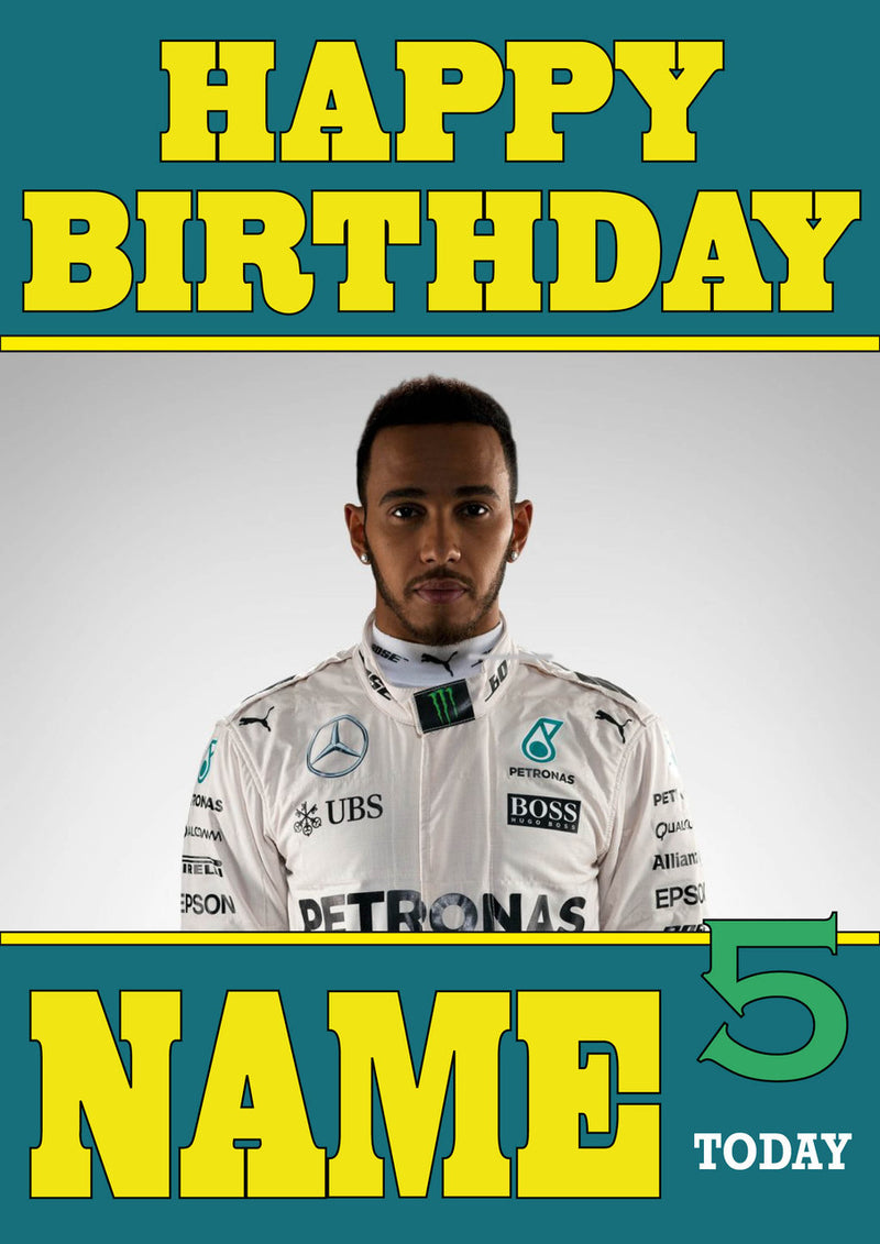 Personalised Lewis Hamilton F1 THEME INSPIRED PERSONALISED Kids Adult Birthday Card 1