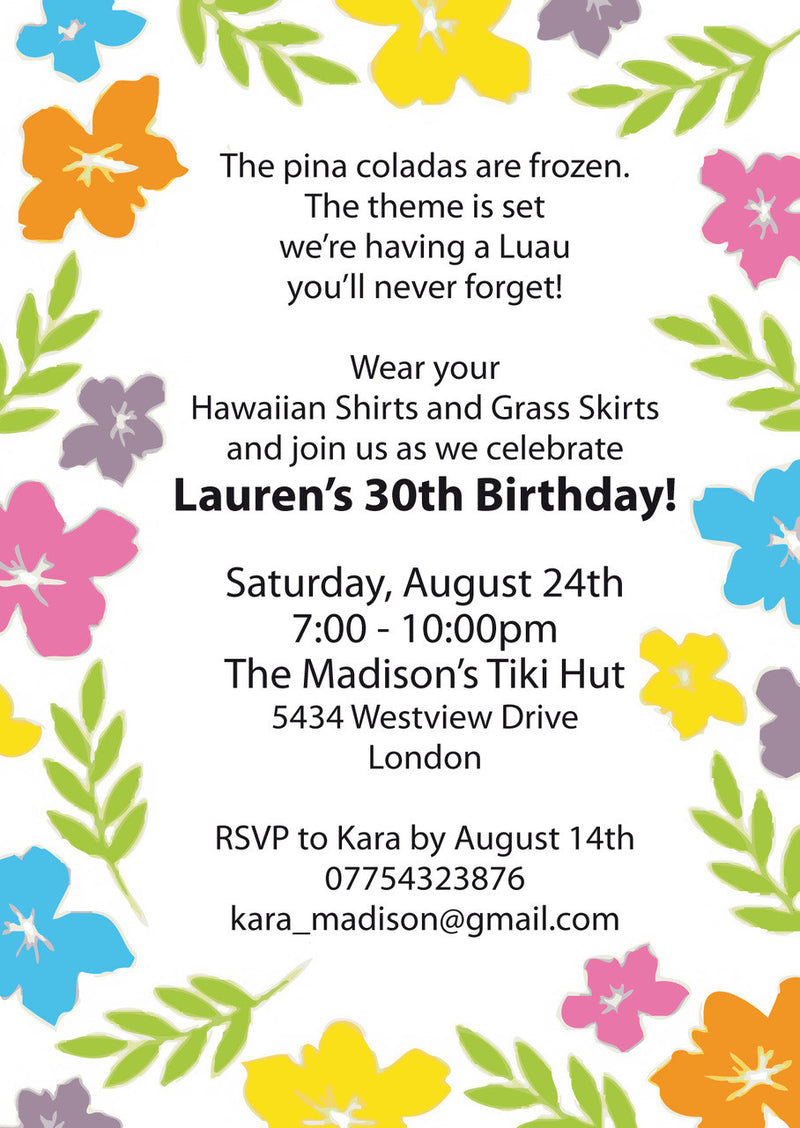 10 X Personalised Printed Luau Party INSPIRED STYLE Invites