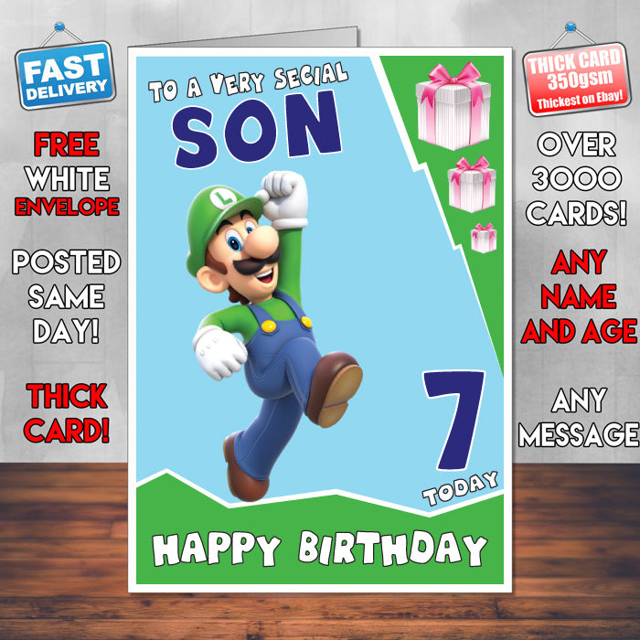Luigi Super Mario Inspired Theme Personalised Kids Inspired Birthday Card (SA060917) – Luigi Super Mario Inspired Theme Personalised Birthday Card – personalised Birthday Card