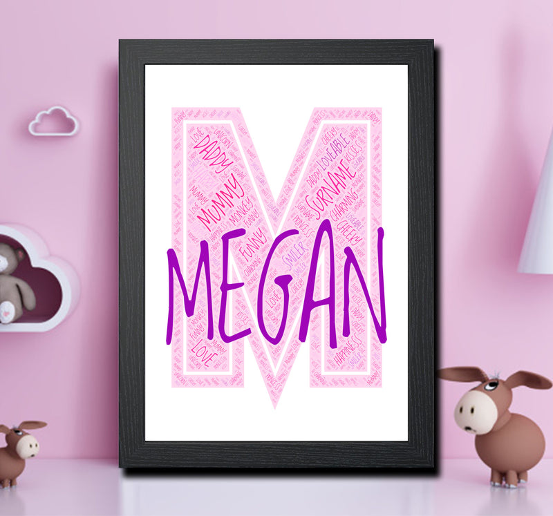 Personalised Name Word Art Poster Print Pink Letter M