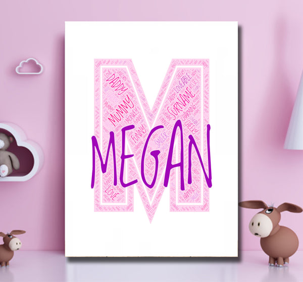 Personalised name word art print, pink letter M, print only
