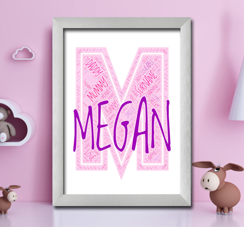 Personalised Name Word Art Poster Print Pink Letter M